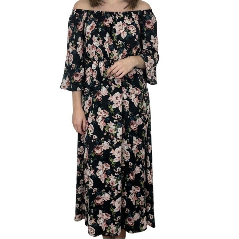 Altar'd State Boho Black Floral Off The Shoulder Maxi‎ Dress 3/4 Sleeve Size S